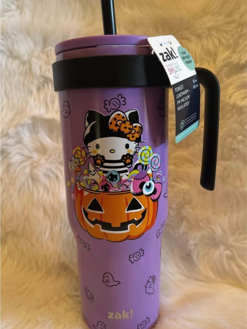 Sanrio Hello Kitty Purple Halloween Tumbler with Pumpkin Candy Art